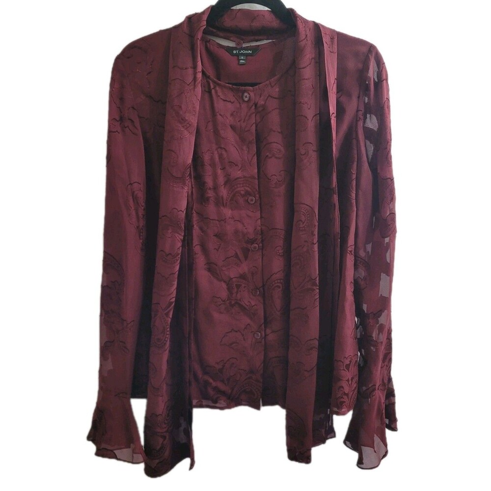 St. John Silk Blend Blouse Size 10 Burgundy Sheer Paisley Button Front W/ Scarf